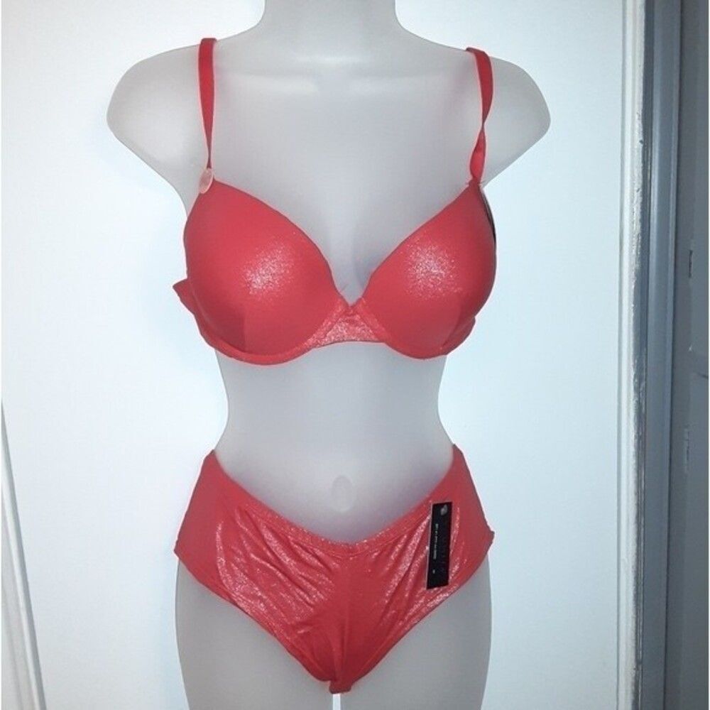 Youmita Shimmery Red Underwire Plunge 36C Bra & XL Hipster NWT